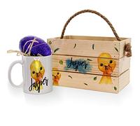 Personalised Easter Basket and Mug and Milk Chocolate Easter Egg Gift Set, Wooden Easter Egg Hunt Box Hamper, Carry Crate with Rope Handle, Yellow Duck Leaf Design, Duck Crate
