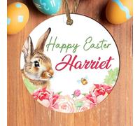 Personalised Easter Bauble Plaque with Adorable Bunny Design | Custom Hanging Happy Easter Decoration Keepsake | Wood or Acrylic | Lovely Gift (Pink Floral, MDF Wood - Indoor Use)