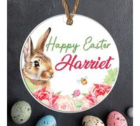 Personalised Easter Bauble Plaque with Adorable Bunny Design | Custom Hanging Happy Easter Decoration Keepsake | Wood or Acrylic | Lovely Gift (Pink Floral, Acrylic - Indoor & Outdoor Use)