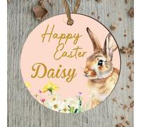 Personalised Easter Bauble Plaque with Adorable Bunny Design | Custom Hanging Happy Easter Decoration Keepsake | Wood or Acrylic | Lovely Gift (Brown Rabbit, MDF Wood - Indoor Use)