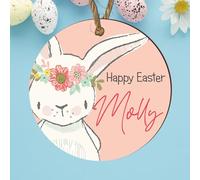 Personalised Easter Bauble Plaque with Adorable Bunny Design | Custom Hanging Happy Easter Decoration Keepsake | Wood or Acrylic | Lovely Gift (Peach, MDF Wood - Indoor Use)