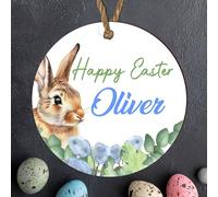 Personalised Easter Bauble Plaque with Adorable Bunny Design | Custom Hanging Happy Easter Decoration Keepsake | Wood or Acrylic | Lovely Gift (Blue Floral, MDF Wood - Indoor Use)