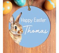 Personalised Easter Bauble Plaque with Adorable Bunny Design | Custom Hanging Happy Easter Decoration Keepsake | Wood or Acrylic | Lovely Gift (Blue, MDF Wood - Indoor Use)
