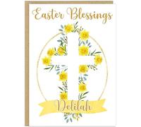 Personalised Easter Blessings Celebration Card - Custom Own Family Name Floral Cross Religious Design - Grandma Grandad Nanny Grandson Granddaughter Easter Greeting (Design 5)