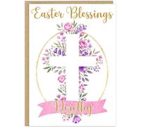 Personalised Easter Blessings Celebration Card - Custom Own Family Name Floral Cross Religious Design - Grandma Grandad Nanny Grandson Granddaughter Easter Greeting (Design 4)