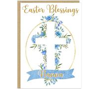 Personalised Easter Blessings Celebration Card - Custom Own Family Name Floral Cross Religious Design - Grandma Grandad Nanny Grandson Granddaughter Easter Greeting (Design 3)