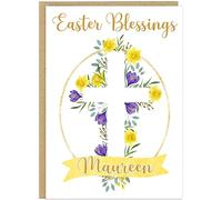 Personalised Easter Blessings Celebration Card - Custom Own Family Name Floral Cross Religious Design - Grandma Grandad Nanny Grandson Granddaughter Easter Greeting (Design 2)