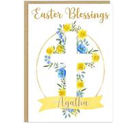 Personalised Easter Blessings Celebration Card - Custom Own Family Name Floral Cross Religious Design - Grandma Grandad Nanny Grandson Granddaughter Easter Greeting (Design 7)