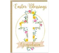Personalised Easter Blessings Celebration Card - Custom Own Family Name Floral Cross Religious Design - Grandma Grandad Nanny Grandson Granddaughter Easter Greeting (Design 1)