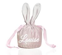 Personalised Easter Bunny Bag Velvet Easter, Custom Easter Egg Hunt Gift Bags Bunny Ears Drawstring Kids Treat Baskets Egg Hunt Bucket Bunny Rabbit Design for Boys Girls