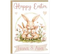 Personalised Easter Bunny Cards Custom Own Name Kids Grandkids Family Cute Rabbit Mum Happy Easter Card for Grandchildren & Children Spring Gift (Design 1)