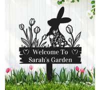 Personalised Easter Bunny Flowers Rabbit Garden Decor Sign with Stake, Customized Custom Metal Rabbit Yard Stake Name Sign Outdoor Decorative Lawn Backyard Art Garden Plaque with Hearts