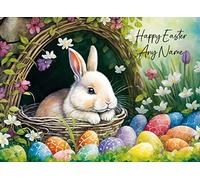 Personalised Easter Bunny Rabbit Art Greeting Card (Any Name)