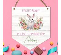 Personalised Easter Bunny Stop Here Banner Gift Plaque | Custom Name Children's Easter Decoration | MDF Wood Hanging Kids Sign (Floral bunny)