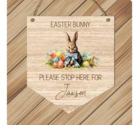 Personalised Easter Bunny Stop Here Banner Gift Plaque | Custom Name Children's Easter Decoration | MDF Wood Hanging Kids Sign (Retro bunny)