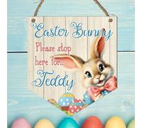 Personalised Easter Bunny Stop Here Banner Gift Plaque | Custom Name Children's Easter Decoration | MDF Wood Hanging Kids Sign (Bunny with bow tie)