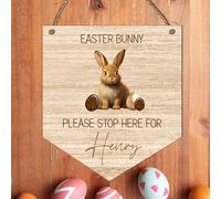 Personalised Easter Bunny Stop Here Banner Gift Plaque | Custom Name Children's Easter Decoration | MDF Wood Hanging Kids Sign (Brown bunny)