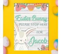 Personalised Easter Bunny Stop Here Sign - Custom Easter Poster Board for Kids - Ideal for Easter Decorations and Gifts (Grey wood effect Green writing, Mdf Wood A4 30cm x 21cm)