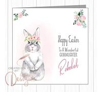 Personalised Easter Card For Female - Rabbit With Pink Floral Wreath - Mum, Daughter, Gran, Granddaughter