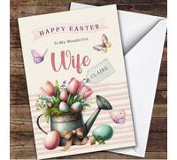 Personalised Easter Card For Wife Eggs Pink Tulips Watering Can | Personalised Easter Card For Wife, Her, Gardening