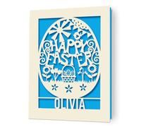 Personalised Easter Cards Custom Easter Card Gifts for Kids Happy Easter Card Laser Paper Cut Cards with Any Name for Him Her Son Daughter Nephew Niece Grandson with Envelopes(Blue)