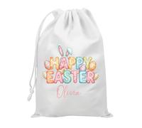 Personalised Easter Drawstring Bag, Custom Happy Easter Bunny Gift Sack with Name, Kids Easter Egg Hunt Bag
