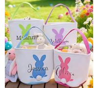 Personalised Easter Egg Hunt Basket Buckets Custom Easter Basket with Embroidered Name Bunny Easter Bag Party Gift for Boy Girl Family Son Daughter