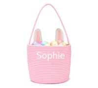 Personalised Easter Egg Hunt Basket Customised Easter Baskets for Kids Girls Boys Custom Easter Gift Bags Large with Embroidered Name Customisable Handmade Cotton Easter Party Bags (Pink)