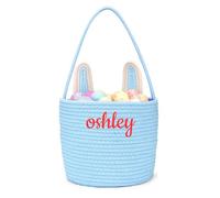Personalised Easter Egg Hunt Basket Customised Easter Baskets for Kids Girls Boys Custom Easter Gift Bags Large with Embroidered Name Customisable Handmade Cotton Easter Party Bags (Blue)