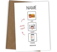 Personalised Eat Sleep Phone Repeat Card | Funny Phone Birthday Card with Custom Name, Optional Front Message and Illustrated Hobby Panels