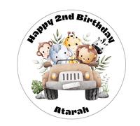 Personalised Edible Jungle Safari Animal Cake Topper Happy Birthday Edible Cake Decor for Kids Wild Jungle Animal Theme Party Supplies Celebrating Party Events (4" Icing Sheet)