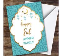 Personalised Eid Card For Anyone Blue Pattern | Personalized Custom Unique Greetings Card For Eid Any Text Inside & Out