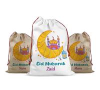 Personalised Eid Mubarak Gift Bag Sack - Ramadan Treat Bag with Name - Reusable Drawstring Islamic Gift Sack for Eid al-Fitr & Eid al-Adha - Kids Sweets Toys Presents Bag with Long-Lasting Print