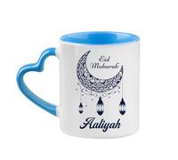 Personalised Eid Mubarak, Happy Eid Gift, Ramadan Greeting, Heart Handle Coffee, Tea Mug. (Blue)