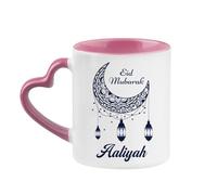 Personalised Eid Mubarak, Happy Eid Gift, Ramadan Greeting, Heart Handle Coffee, Tea Mug. (Pink)