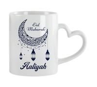 Personalised Eid Mubarak, Happy Eid Gift, Ramadan Greeting, Heart Handle Coffee, Tea Mug. (White)