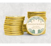 Personalised Eid Mubarak Ramadan Mubarak chocolate Coins Luxury Gold foiled discs gifting Eid gold - Ramadan Mubarak Teal - 20 Set