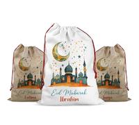 Personalised Eid Mubarak Sack Gift Bag - Ramadan Treat Bag with Name - Islamic Reusable Drawstring Gift Sack for Home Décor Eid al-Fitr Eid al-Adha - Festive Sweets Toys Presents Bag