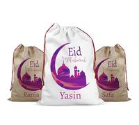 Personalised Eid Sack for Kids - Eid Mubarak Gift Bag & Ramadan Treat Bag - Reusable Drawstring Islamic Gift Sack with Name for Children Family - Sweets Toys Gifts Bag Machine Washable