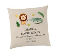 Personalised Elephant and Giraffe Natural Cushion - Animals Kids Wild Elephant Giraffe Baby Name Flowers Trees Welcome Date Weight Bedroom Child Home Decor Living Gifts Presents (Cover+Filling)