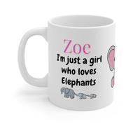 Personalised Elephant Coffee Mug, White Ceramic, Custom Name Design, I'm Just a Girl Who Loves Elephants Quote, Gift for Elephant Lovers