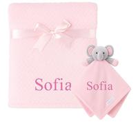 Personalised Elephant Comforter & Waffle Blanket Gift Set - Embroidered with Any Name - Pink, Blue or White Baby Bundle (Pink Waffle and Pink Elephant Comforter)