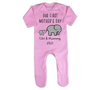 Personalised elephants mummy and baby our first mother's day with name year [MDB23] baby romper jumpsuit with feet, 3-6 months, Pastel Pink