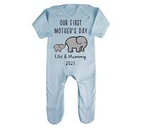 Personalised elephants mummy and baby our first mother's day with name year [MDB23] baby romper jumpsuit with feet, 3-6 months, Pastel Blue
