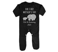 Personalised elephants mummy and baby our first mother's day with name year [MDB23] baby romper jumpsuit with feet, 0-3 months, Black