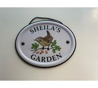 Personalised Embossed Metal Garden Sign 12x15cm - British Bird Design - Outdoor Decorative Hanging Garden Plaque - Weatherproof Metal Sign for Garden Walls Fences or Sheds (Sheila)