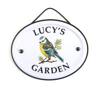 Personalised Embossed Metal Garden Sign 12x15cm - British Bird Design - Outdoor Decorative Hanging Garden Plaque - Weatherproof Metal Sign for Garden Walls Fences or Sheds (Lucy)