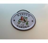 Personalised Embossed Metal Garden Sign 12x15cm - British Bird Design - Outdoor Decorative Hanging Garden Plaque - Weatherproof Metal Sign for Garden Walls Fences or Sheds (Karen)