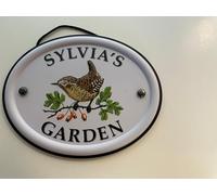 Personalised Embossed Metal Garden Sign 12x15cm - British Bird Design - Outdoor Decorative Hanging Garden Plaque - Weatherproof Metal Sign for Garden Walls Fences or Sheds (Sylvia)