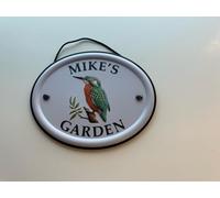 Personalised Embossed Metal Garden Sign 12x15cm - British Bird Design - Outdoor Decorative Hanging Garden Plaque - Weatherproof Metal Sign for Garden Walls Fences or Sheds (Mike)